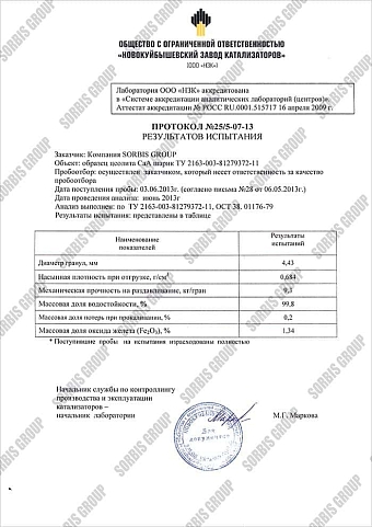 Протокол результатов испытания лаборатории "НЗК"(Новокуйбышевский катализаторный завод)  образца цеолита CaA.