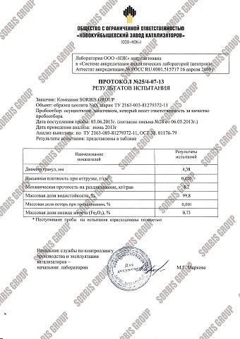 Протокол результатов испытания лаборатории "НЗК"(Новокуйбышевский катализаторный завод)  образца Активного Оксида Алюминия в шарике 5-8 мм ТУ 2163-004-81279372-11.